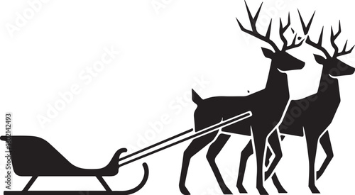 Winter sled silhouette attached to a pair of stylized geometric deer silhouettes