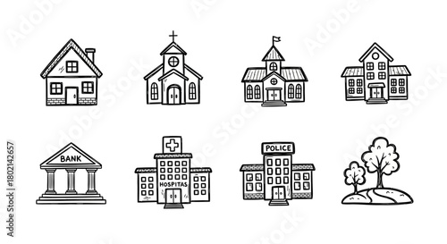 Hand drawn buildings collection: houses, school, church, bank, hospital, police, trees