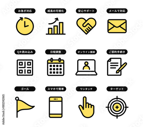 サービス資料・LPの機能紹介に特化した実務アイコンセット（太めアウトラインと均一ストロークで統一／お急ぎ対応・成果可視化・日程調整・オンライン面談・契約手続きなど、サービスの利便性を伝えるための説明用ピクトグラム）