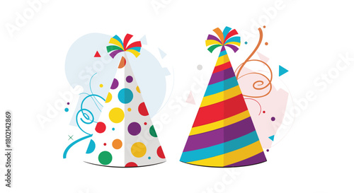 Two festive party hats with colorful polka dots and stripes are shown on a white background with abstract elements.