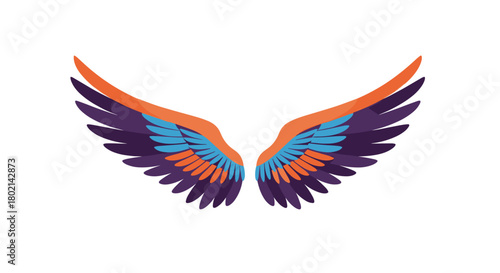 Stylized graphic of a pair of colorful abstract wings on a white background.
