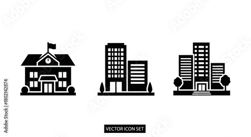 Black and white building icons set featuring school and office structures