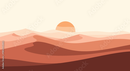 Stylized minimalist desert landscape with rolling sand dunes under a soft orange sun.