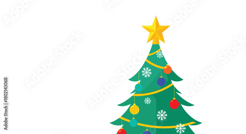 Stylized green Christmas tree with ornaments and a star topper on a white background.