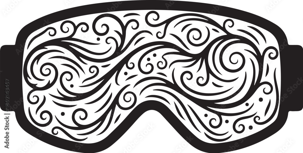 Fototapeta premium Silhouette of ski goggles, but inside the lens area are solid silhouettes of swirling snowstorm patterns