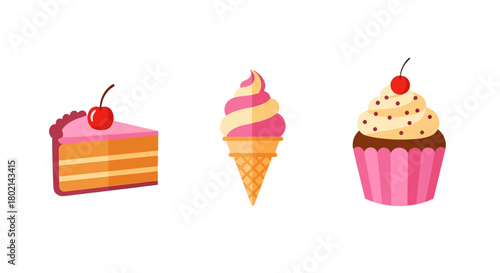 Colorful dessert trio: cake slice, ice cream, and cupcake with cherry