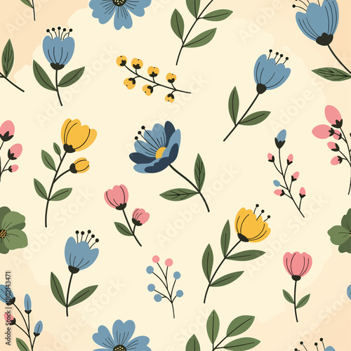 Hand drawn pattern with flowers, leaves and berries. Seamless pattern with snall flowers and plants on pastel background.