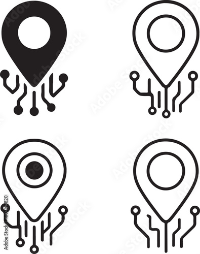 Isolated Location Pin Circuit Icons black vector set, gps location icons, navigation tech symbols, minimal outline filled thin stroke, digital circuit connections, smart chip design vector