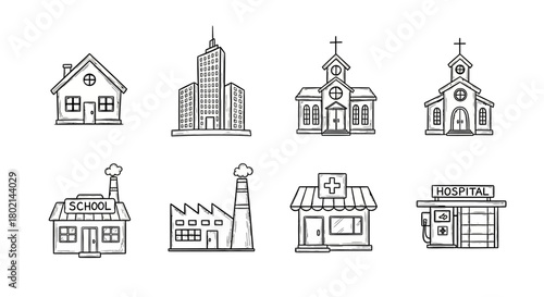 Hand drawn building collection featuring school, hospital, church, and more