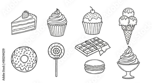 Hand drawn dessert collection: cakes, cupcakes, and sweets in black and white