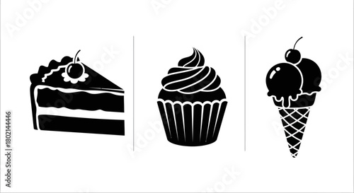Silhouette dessert trio: cake, cupcake, ice cream icons for culinary designs