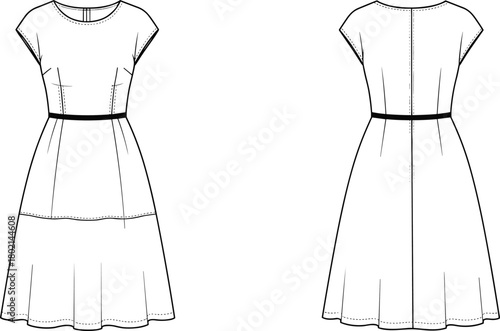 Casual short sleeve midi dress fashion flat sketch, feminine flared silhouette technical drawing with waistband detail, stylish apparel vector template illustration