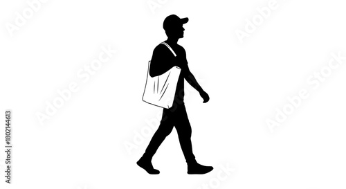 Stylish silhouette of a person walking with a tote bag for eco friendly lifestyle, modern urban commute, and sustainable living concepts