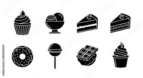 Silhouette dessert icons: cupcake, ice cream, cake, donut, lollipop, chocolate, cookie