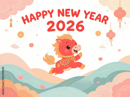 A vibrant cartoon illustration of a joyful red horse celebrating the Chinese Lunar New Year 2026, the Year of the Horse, amidst festive lanterns and clouds