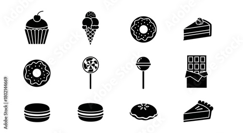 Assorted sweet treats in black and white silhouette icons