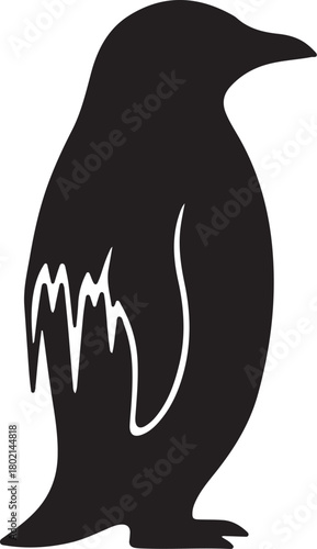  Penguin silhouette where wings have icicle forms dripping downward. Black silhouette, clean white background