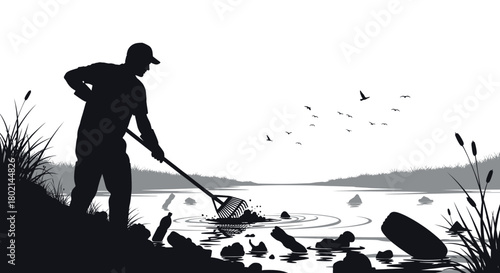 Dedicated volunteer cleaning polluted lake with rake, environmental cleanup illustration promoting conservation and community activism for a cleaner future