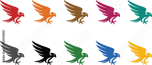 Dynamic eagle or falcon flying silhouettes in colors, Colorful bird of prey flying icons