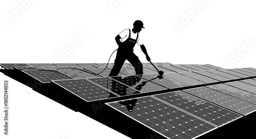 Dedicated worker meticulously cleans vast solar panel array, ensuring peak energy efficiency for a sustainable future.