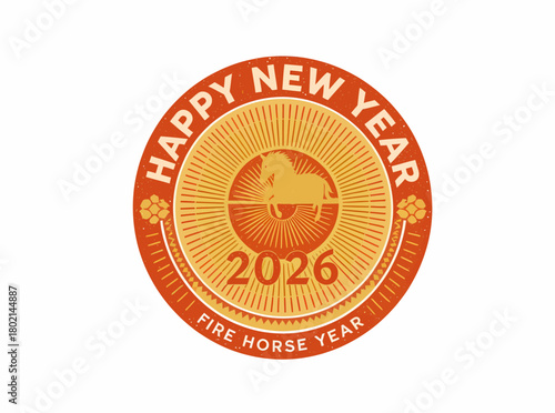 Chinese New Year 2026 greeting emblem for the Year of the Fire Horse, featuring a retro vintage style zodiac sign vector illustration