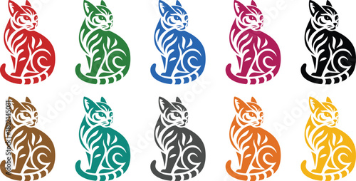Stylized cats in various colors feline design, Colorful artistic cat silhouettes