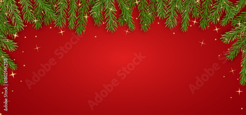 Red Christmas background with fir garland top border, golden glitter and twinkling stars. Holiday frame with copy space for greetings, Christmas web headers, sale banner. Vector Christmas illustration
