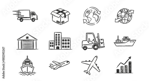 Logistics and transportation icons set featuring global shipping and delivery