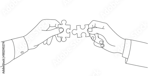Line-art of hands connecting puzzle pieces, symbolizing teamwork, collaboration, partnership, unity, and problem-solving in a clean, minimal style.