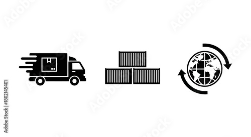 Global shipping icons: fast delivery truck, cargo containers, worldwide logistics