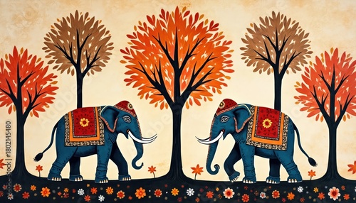Editorial illustration Indian Gond art style featuring elephants, trees. Traditional Madhubani folk painting displays colorful elephants decorated with patterns. Artistic design element suitable for