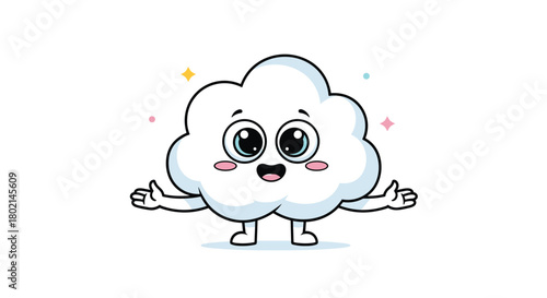 Cute cartoon cloud character with arms outstretched and a happy expression, isolated on white.