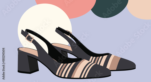 A pair of stylish black slingback heels with a block heel and striped detailing.
