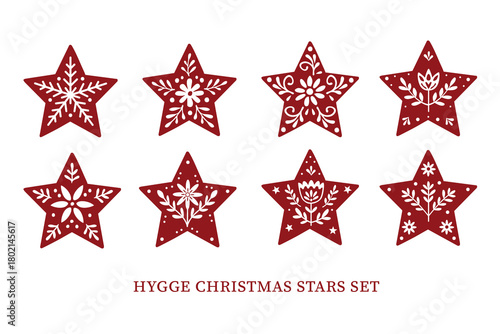 Collection of Scandinavian hygge Christmas stars with folk floral patterns. Perfect for holiday cards, festive decorations, packaging, winter crafts and cozy seasonal design projects.