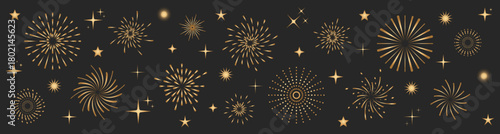 Golden firework vector pattern on dark background. Luxurious firework bursts and glowing star elements for New Year, Christmas, party and celebration designs. Elegant firework vector illustration