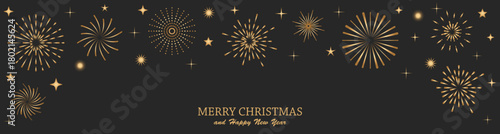 Elegant gold fireworks vector on dark background with Christmas greeting. Christmas fireworks and festive sparkles create a luxurious holiday card design perfect for seasonal celebration visuals