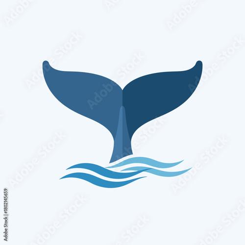 Stylized illustration of a blue whale tail emerging from blue waves on a light background.