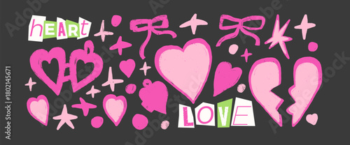 Love elements wax crayon pencils set. Broken heart, locket, bow and stars stickers chalk pink shape. Hearts and bowknot for valentine