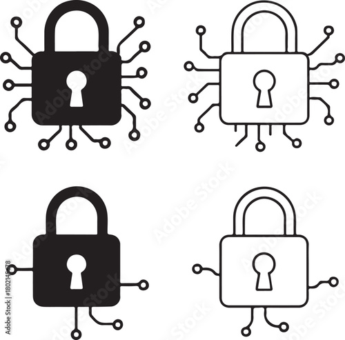 Isolated Lock Circuit Icons black vector set, secure lock icons, padlock tech symbols, minimal outline filled thin stroke, digital circuit connections, smart chip design vector