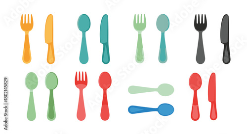 Collection of colorful cartoon cutlery including forks, spoons, and knives on a white background.