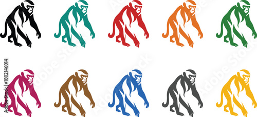 Stylized monkey silhouettes in different hues, Colorful monkey icons for artwork