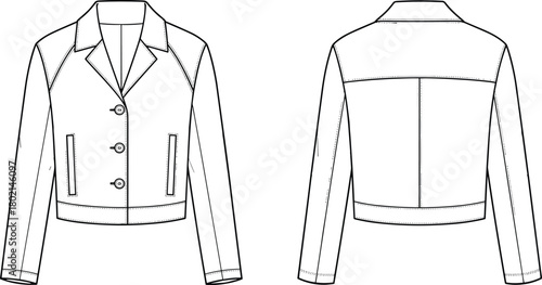 Classic women’s jacket technical flat sketch, front and back view, long sleeve cropped blazer vector template for fashion design, apparel pattern drawing