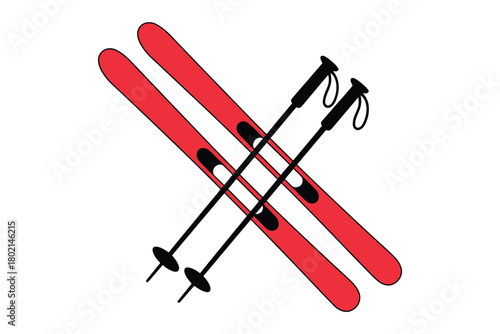 winter sports skis with bright red skis and poles, isolated on a white background, providing a clean vector illustration perfect for alpine activities, snow sport designs, and outdoor adventure