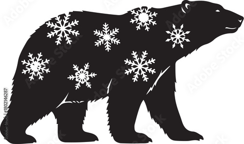 A polar bear silhouette where parts of its back fur are cut out as snowflake shapes. Black silhouette, white background