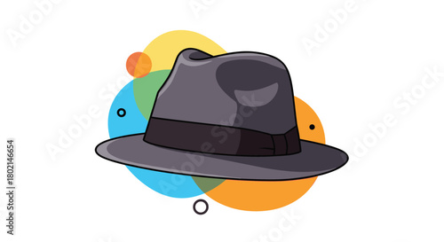 Stylized illustration of a dark gray fedora hat with a black band against colorful abstract shapes.