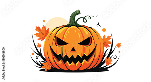 A spooky jack-o'-lantern with glowing eyes and a jagged grin, surrounded by autumn leaves and dark vines.