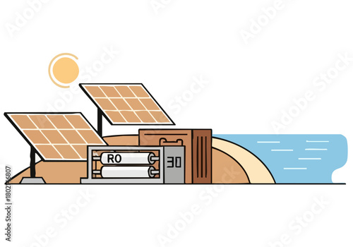Eco-friendly desalination technology utilizes solar panels and water for sustainable energy. Modern design, bright sunlight, and a clean aesthetic showcase a green solution. 