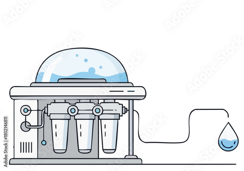 Illustrative depiction of a simple water filtration system. Clean, modern design with clear components and a water output. Ideal for UI design concepts and water technology visuals.