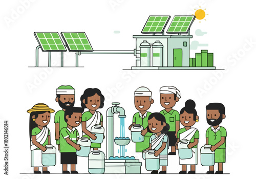 Illustrative scene depicting solar-powered water system providing clean water to a rural community Vibrant colors and a hopeful atmosphere showcase sustainable development and access to resources