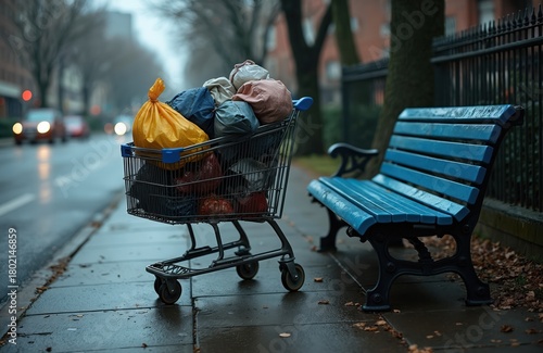 Shopping cart filled with bags sits on wet city sidewalk. Empty blue park bench nearby suggests a pause in a homeless persons difficult journey. Urban environment, bleak weather.